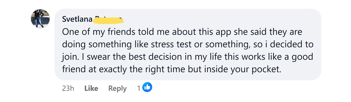 Screenshot of a message from Svetlana describing the app as a good friend in your pocket