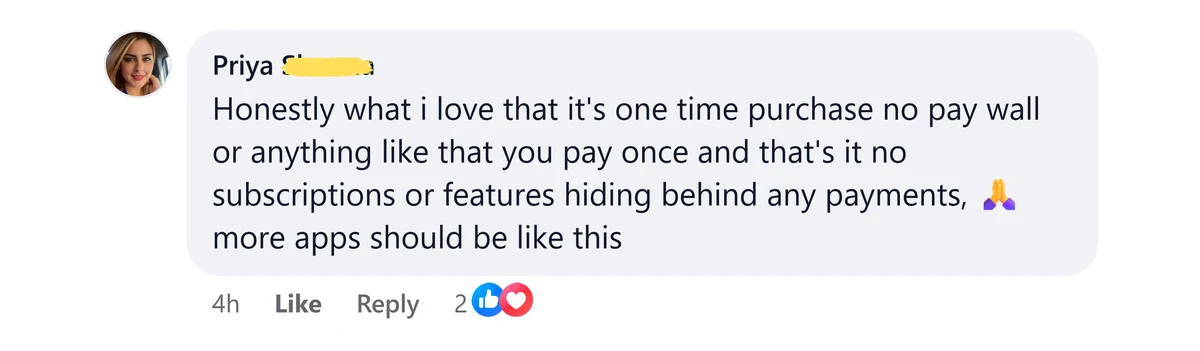 Screenshot of a message from Priya about it being a one time purchase with no paywall