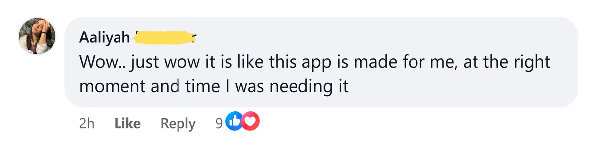 Screenshot of a message from Aaliyah about the tool arriving at the right moment