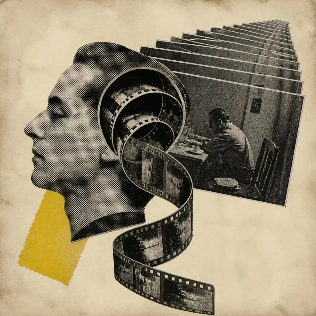 Collage of a cut-out head in profile with a strip of film unspooling from it beside a fanned stack of identical photographs