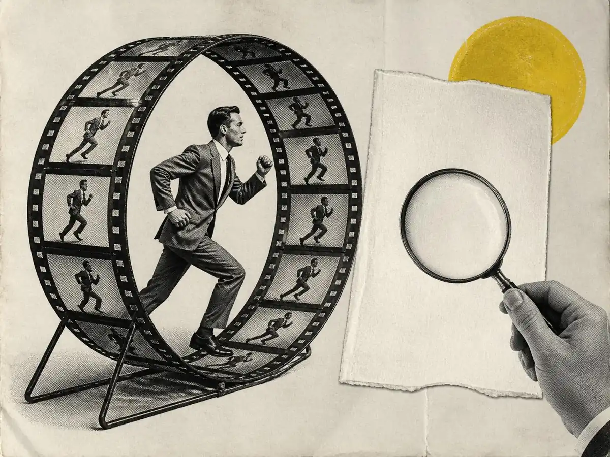 Collage of a man in a vintage suit running inside a wheel made of filmstrip beside a hand holding a magnifying glass over a blank sheet