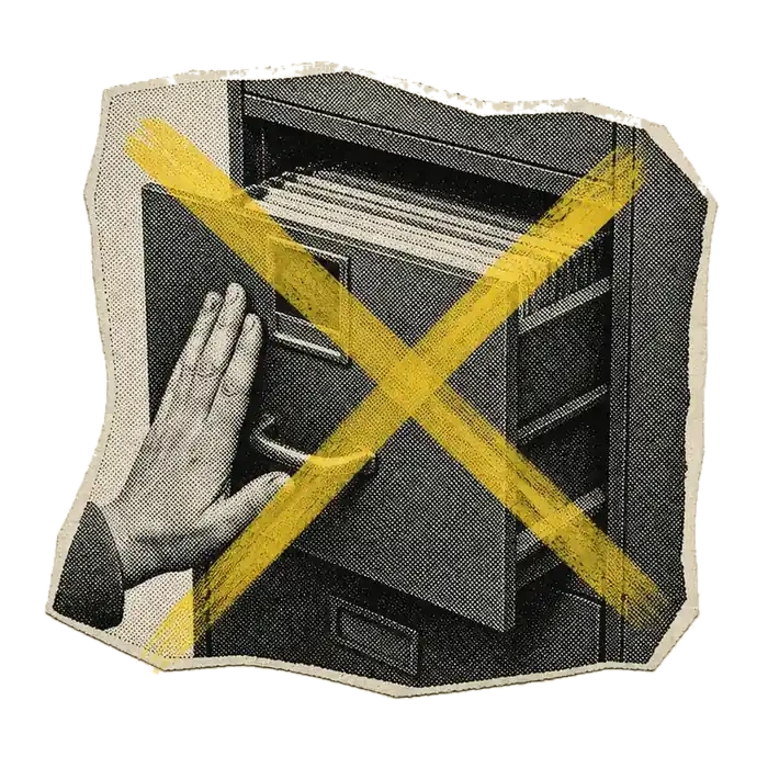 Cutout of an archive drawer being shut with a yellow X across it