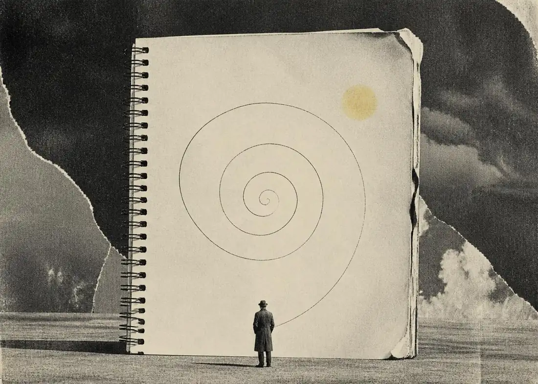 Collage of an enormous blank notebook page with a spiral drawn on it, dwarfing a small figure