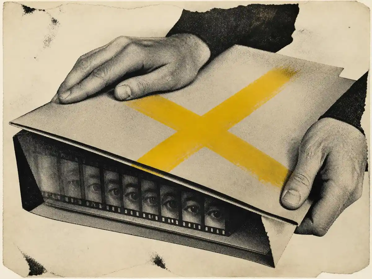 Collage of a file folder being closed with a rough yellow X stamped across it
