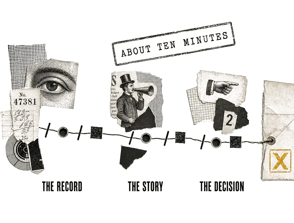 Hand-drawn path of twelve marks grouped into three phases, ending in a stamped close